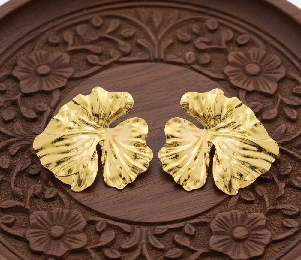 Zara Flower Earrings Hammered Gold Petal Stud Statement Exaggerated Textured