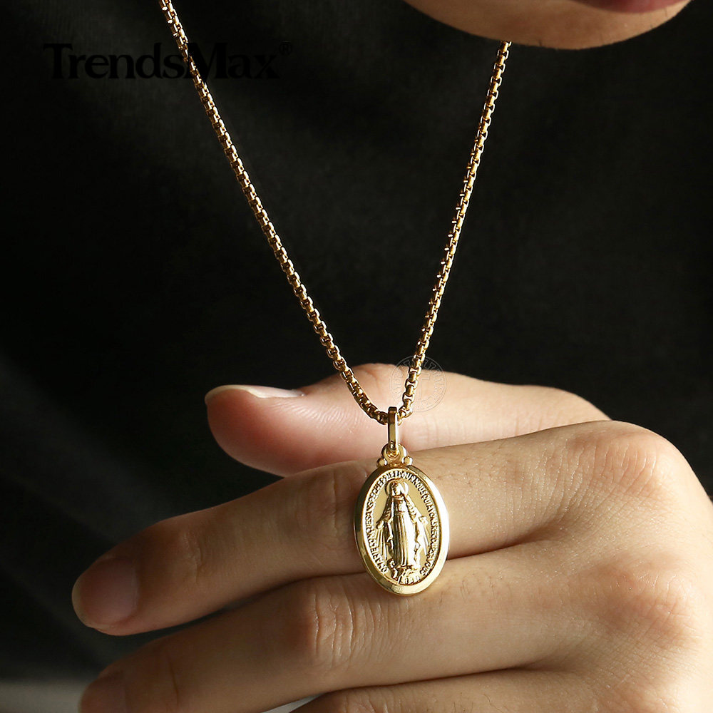 16″-24″ 2mm Gold Plated Oval Virgin Mary Charm Pendant Necklace Box Chain Unisex