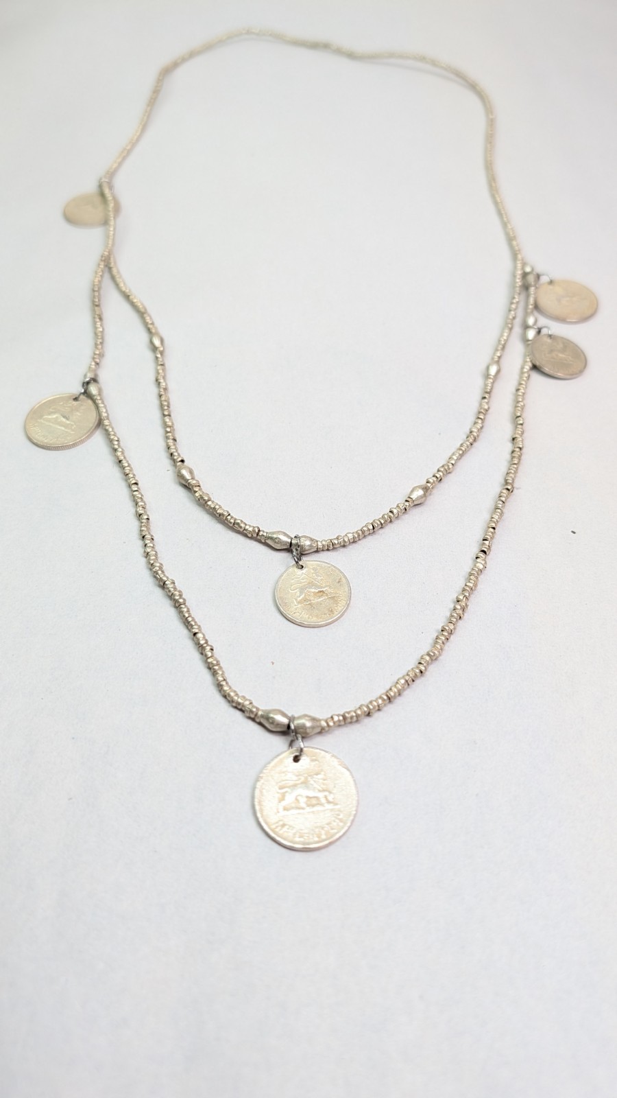 Emperor Haile Coin Necklace Silver Over Copper Double Strand Layered 30-34″