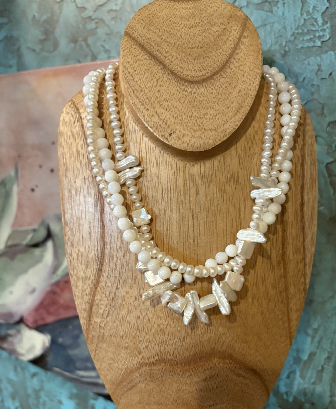 Pearl Necklace 3-Strand Baroque & Uniform Natural Pearls Opalite Beads 16”