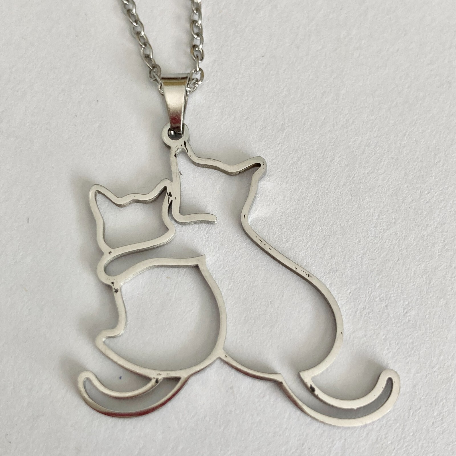 Two Cats Charm Pendant Necklace 17-19″ Chain Stainless Steel Cat Lady Silhouette