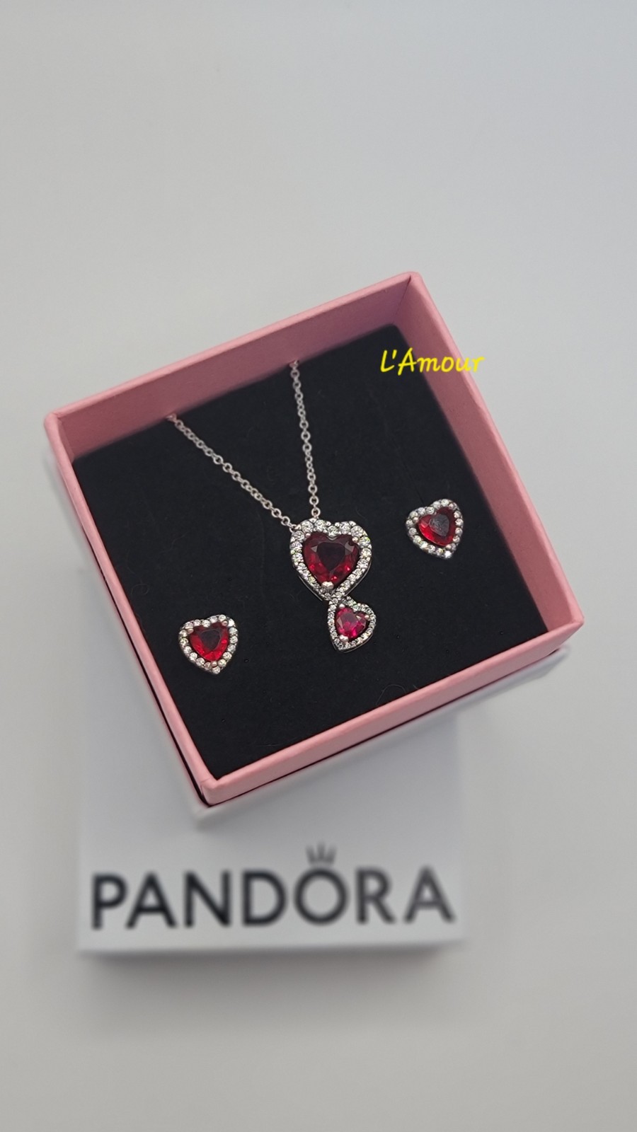 Authentic Pandora Red Halo Hearts Necklace & Earrings Gift Set