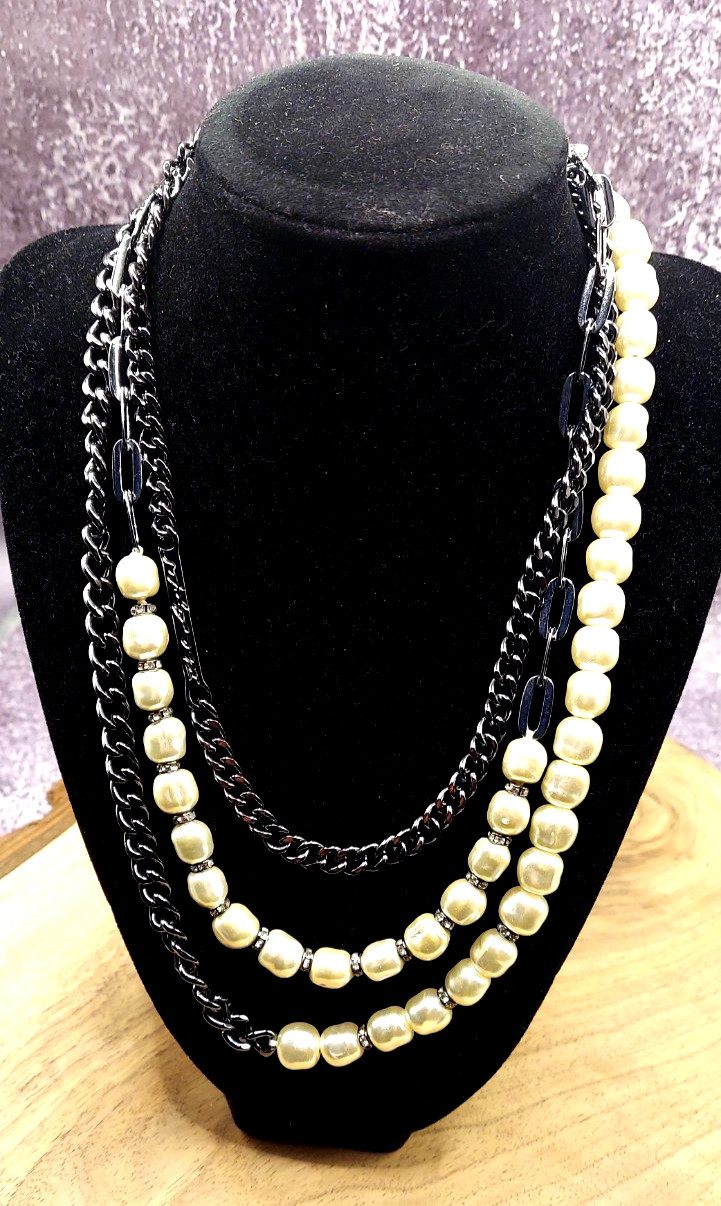 Karl Lagerfeld Paris Hematite-Tone Imitation Pearl Multi-Chain Necklace, 20 + 3