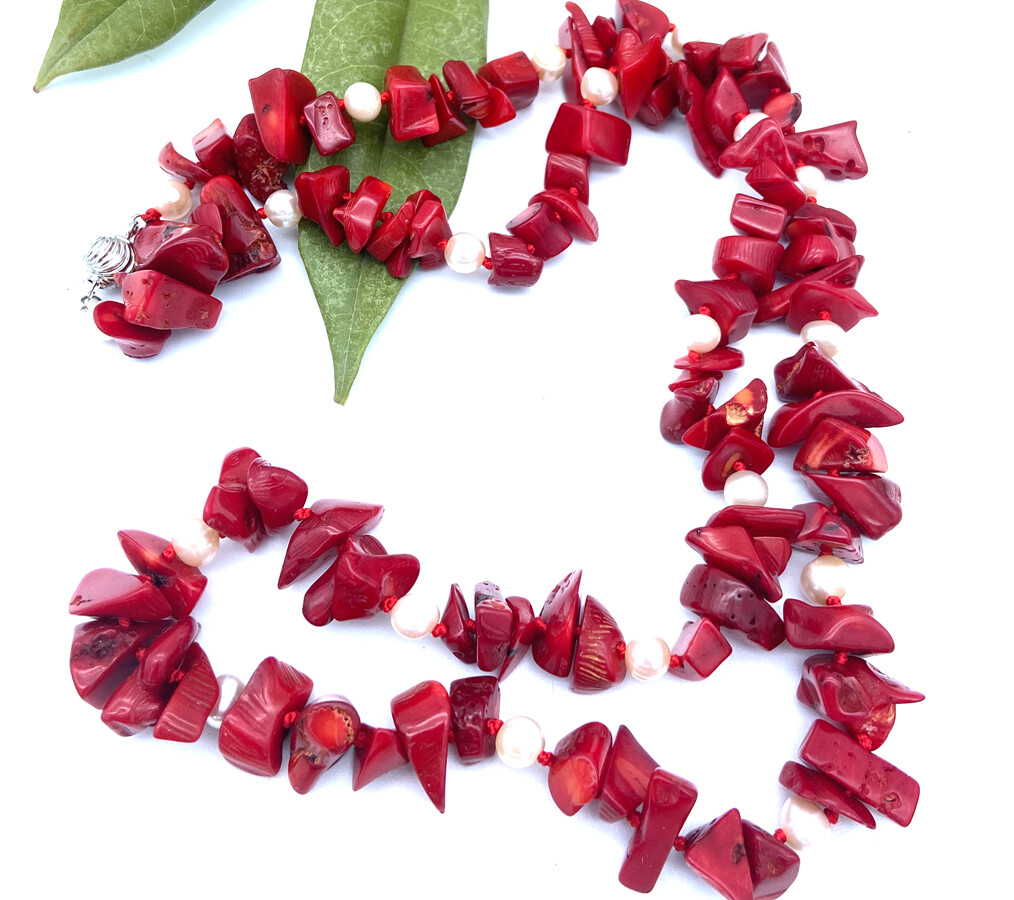 Red Nature Coral Gemstone & white pearl Chips Strand/String Necklaces 16-50“