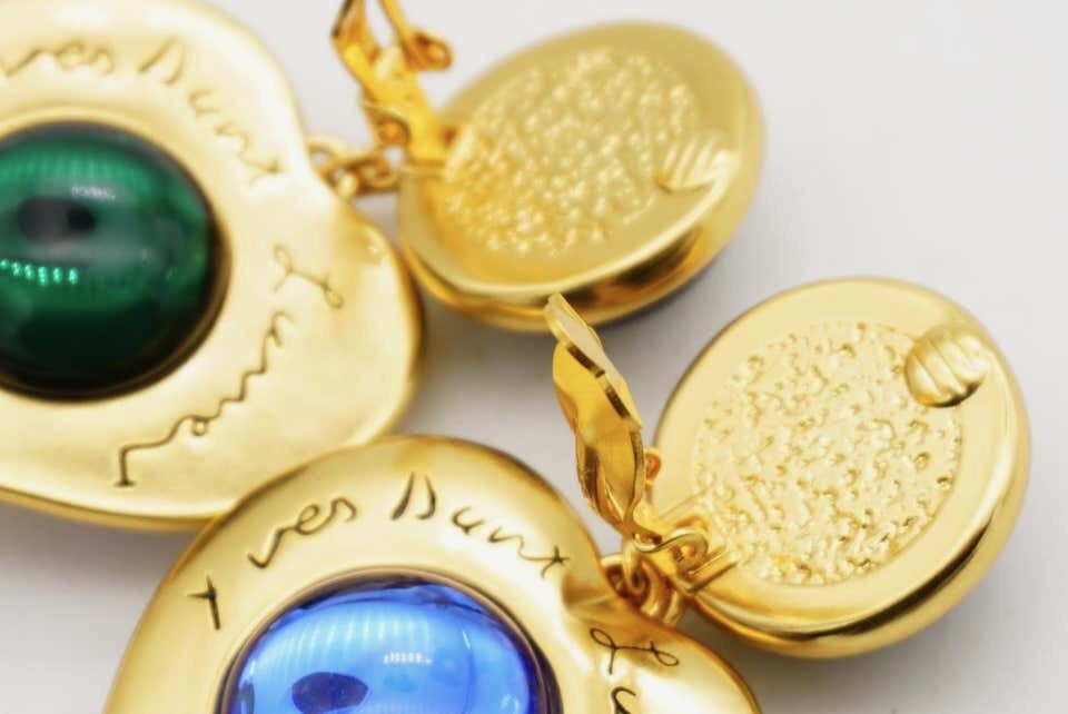 Yves Saint Laurent YSL Gripoix Emerald Sapphire Heart Logo Double Drop Earrings
