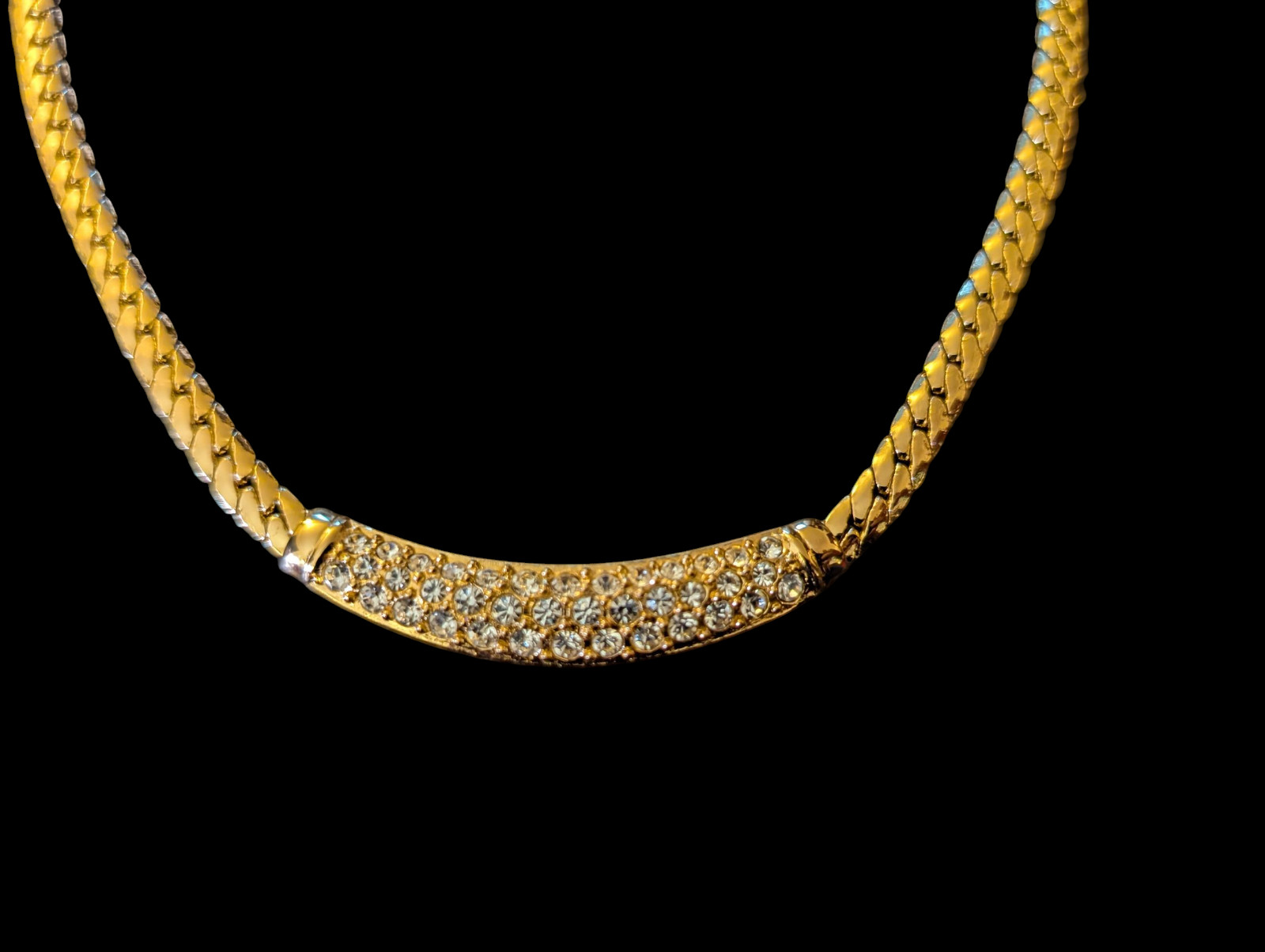Vintage Christain Dior Pave Crystal Curved Bar 17.25″ Gold Flat Snake Chain