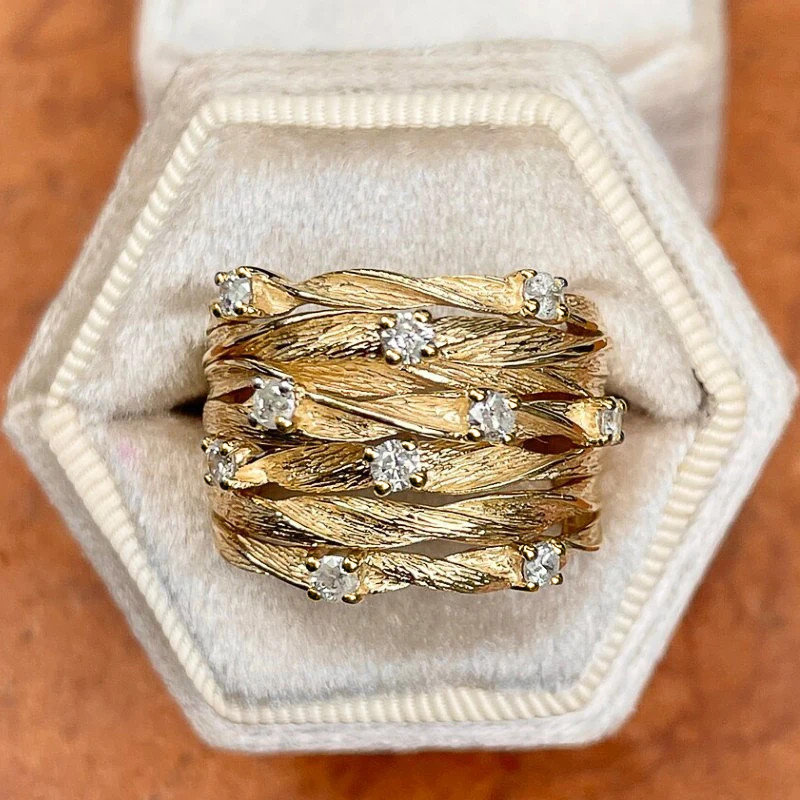Cocktail Ring Wide Twist Gold Color Prong Setting Geometric Women Jewelry