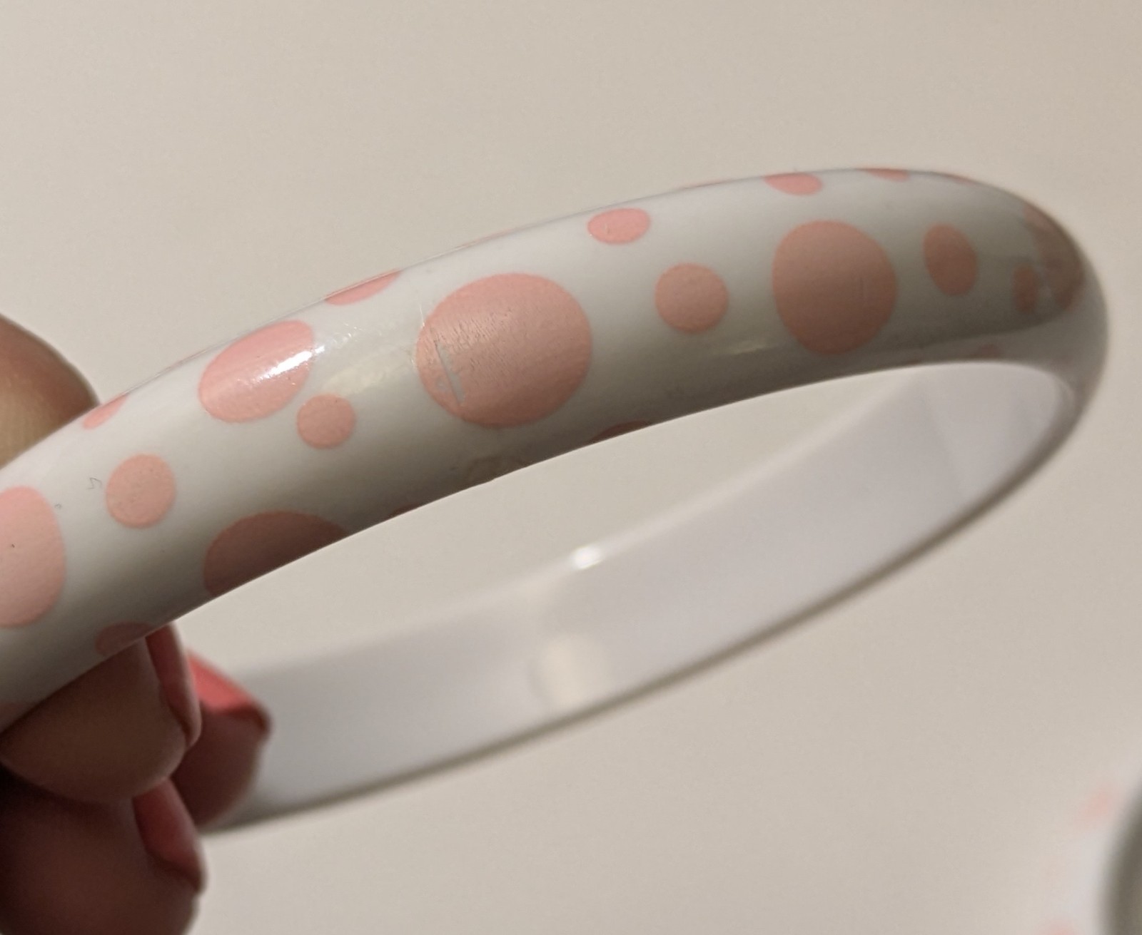 Vtg Bangle Bracelets Pair White W/ Pale Pink Polka Dots Retro Chunky Jewelry 80s