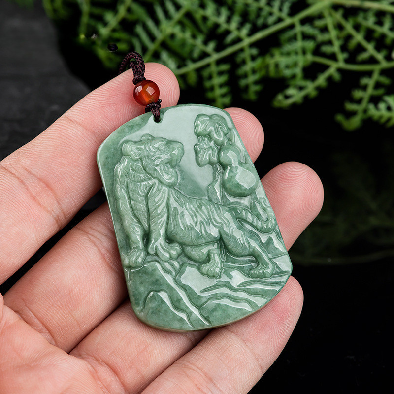 Natural Jadeite Tiger Pendant Fu Tiger Male and Female Jade Necklace