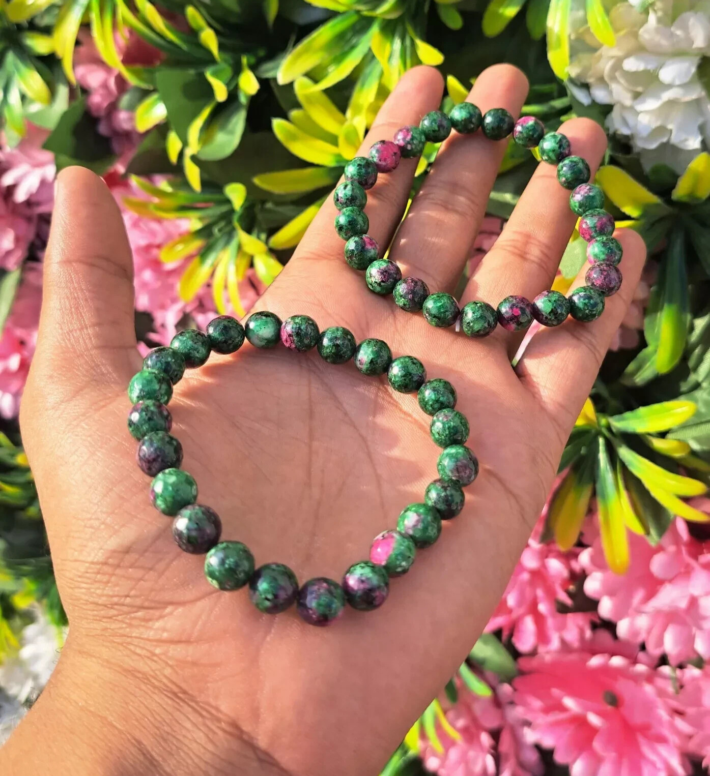 Natural Ruby Zoisite Bracelet 8mm Round Bead Anyolite Gemstone Women Gift 7 inch