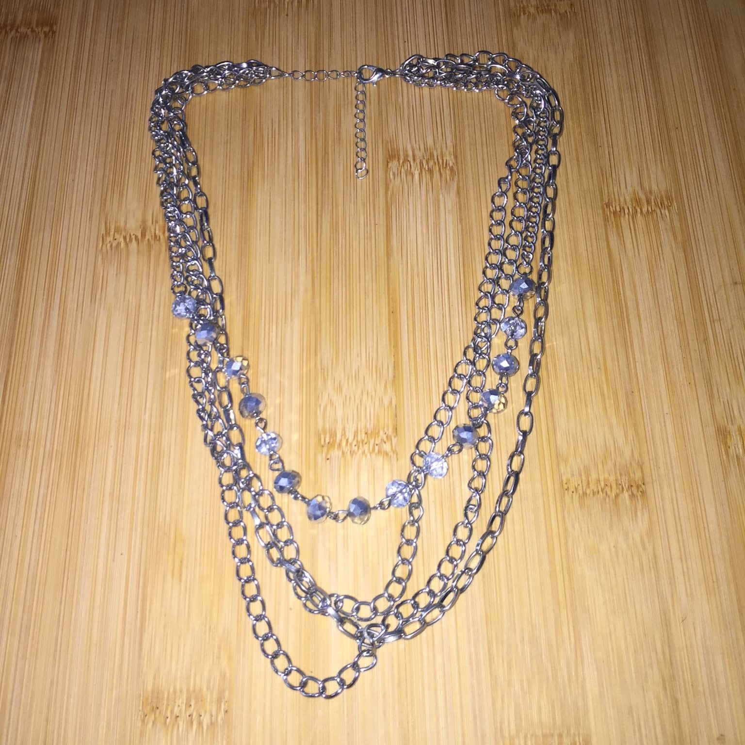 Minimalist Layered Multi-Strand Necklace Silver Tone Metal Faceted Beads Career