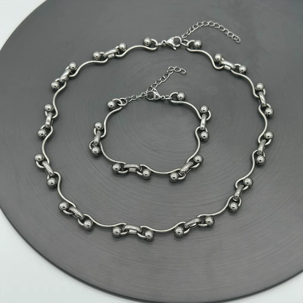 Y2K Stainless Steel Wave Ball Chain Necklace Men Women Punk Grunge Jewelry New