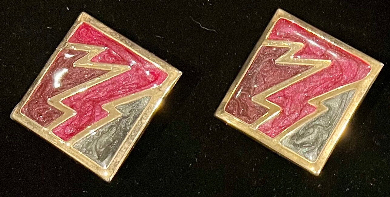 80s Style Vtg Tri-Colored Gold Tone Lightning Bolt Square Shape Clip-On Earrings