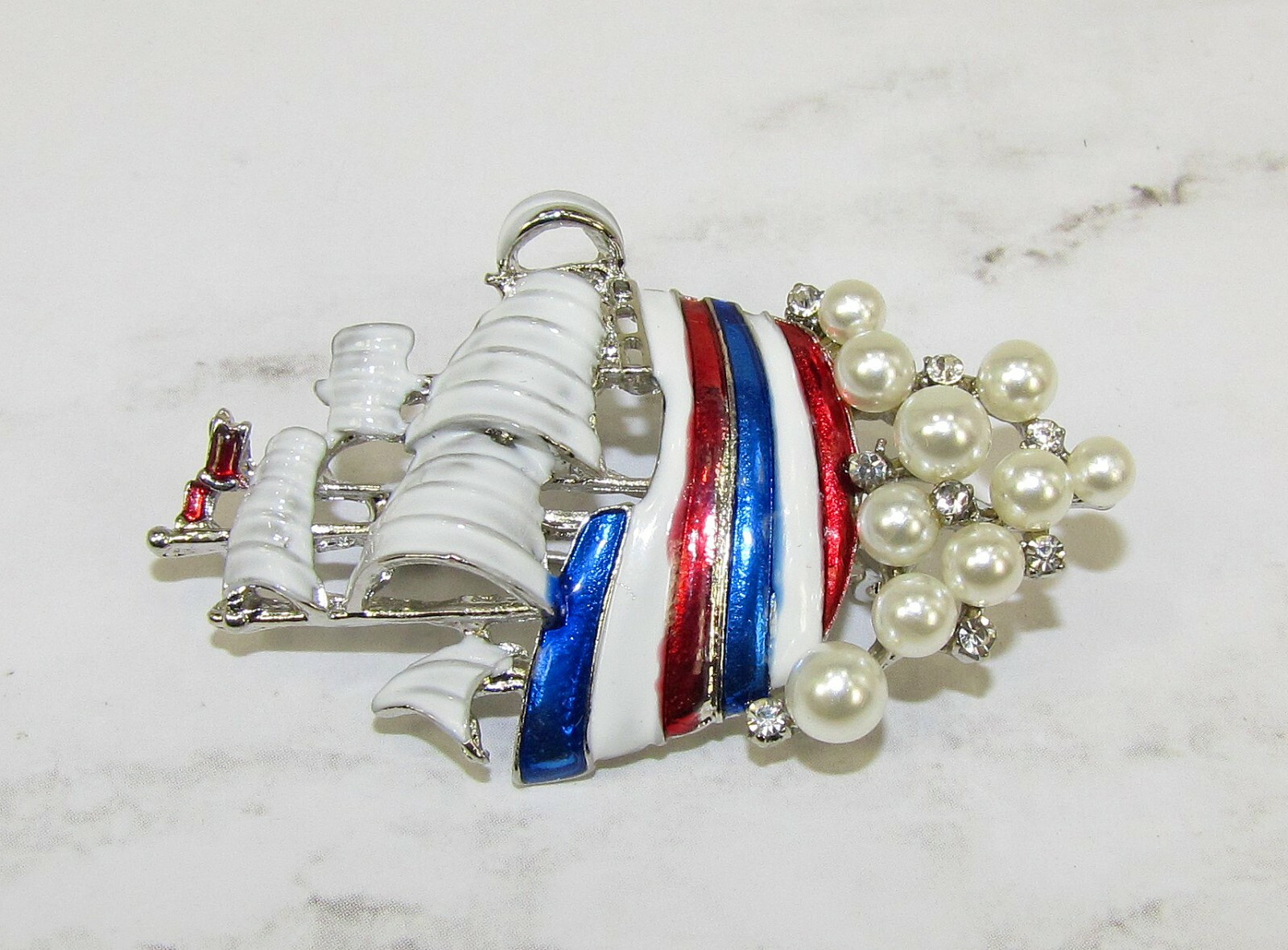 Red, White, and Blue Sail Boat Pin Brooch with Pearls & Crystals USA fashion pin