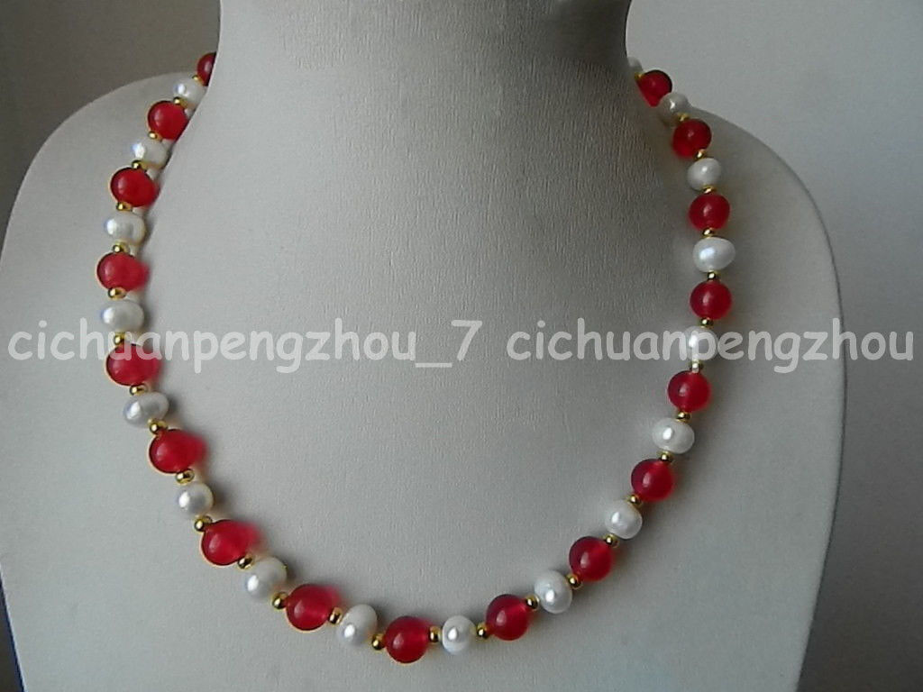 Natural 8mm Red Jade Round Gems 7-8mm White Pearl Beads Necklace 14-36 inch