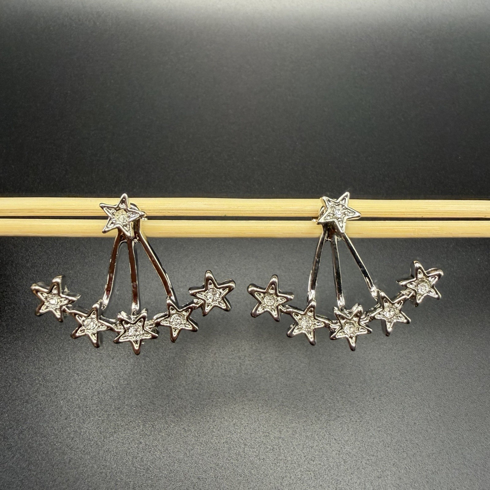 Silver Tone Five Star Ear Jacket Cluster Stud Earrings Celestial Jewelry Gift