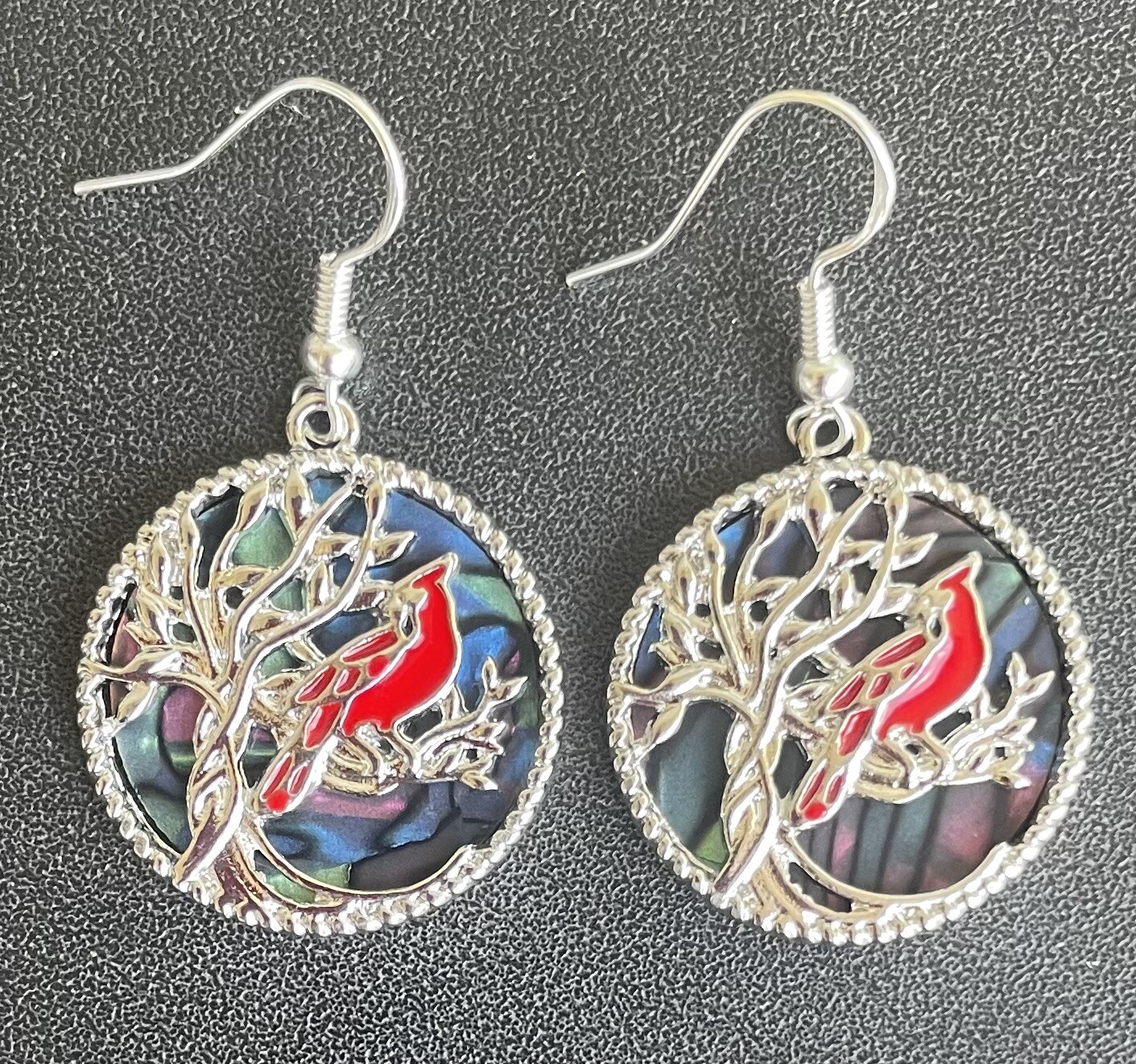 Red Cardinal Round Earrings Memorial Angels Near Sterling Silver 925 Ear Hooks