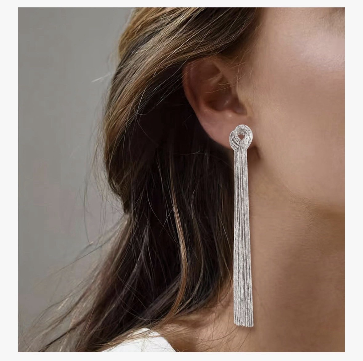 Silver Tone Tassel Dangle Drop Earrings Metal Stud Closure No Stone 5.1 in