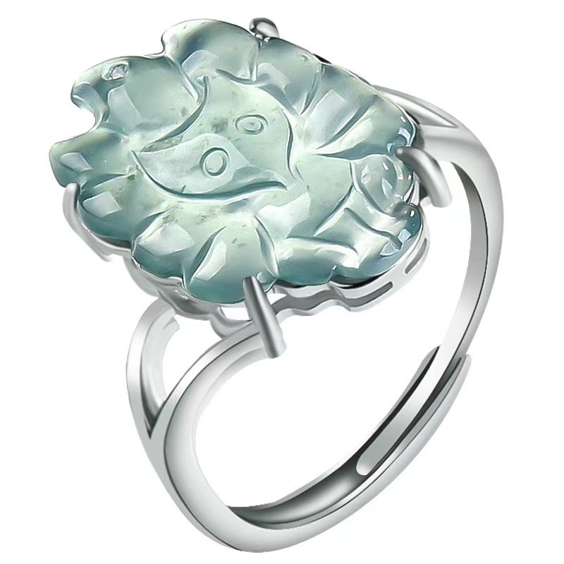 Certified Pure S925 Silver Blue Jadeite Lucky Elegant Fox Open Ring Us Size:5-9