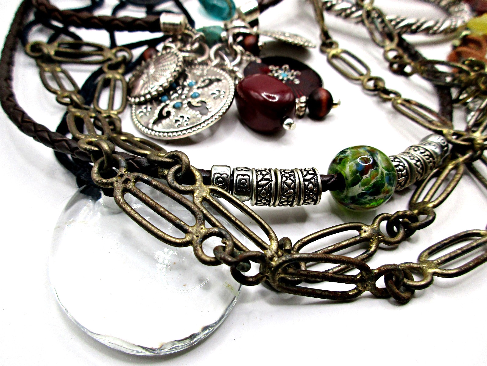 Vintage 11pc Lot Silver, Copper, Glass Bracelets, Charms & Glass Cord Necklaces
