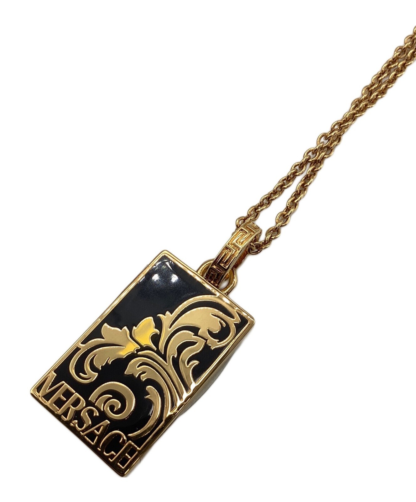Versace Palmette Plate Necklace Pendant Gold x Black Color w/ Box 23.6 in