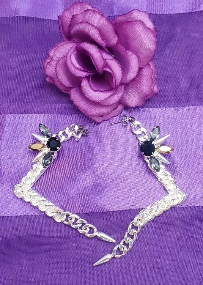 Designer FALLON Signed Micro Spike Chain EARRINGS Swarovski Crystals 2012