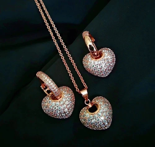 18k Rose Gold Plated 3D Heart Pendant Necklace Earrings made Simulated Diamond