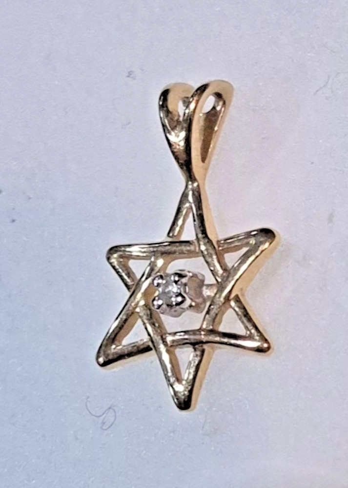 14K YELLOW GOLD STAR OF DAVID CHARM PENDANT W/CRYSTAL STONE MAGEN DAVID VINTAGE