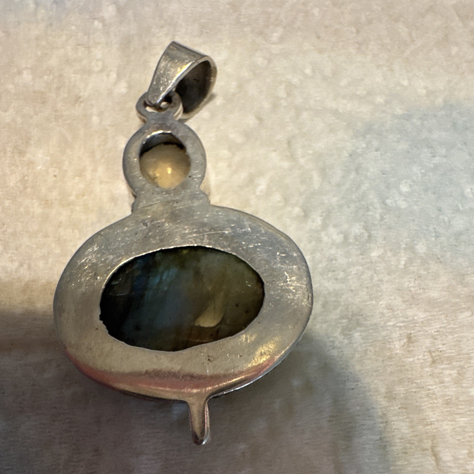 Silver Moonstone & Labradorite Oval Cabochon Bezel Set Pendant 2 Stone