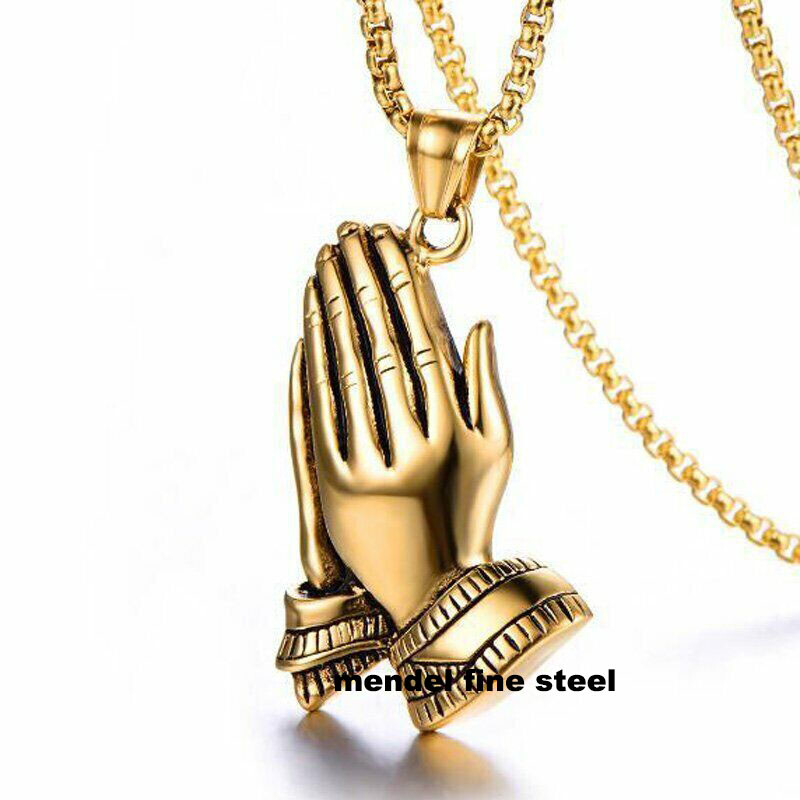 MENDEL Stainless Steel Gold Plated Hip Hop Prayer Praying Hands Pendant Necklace