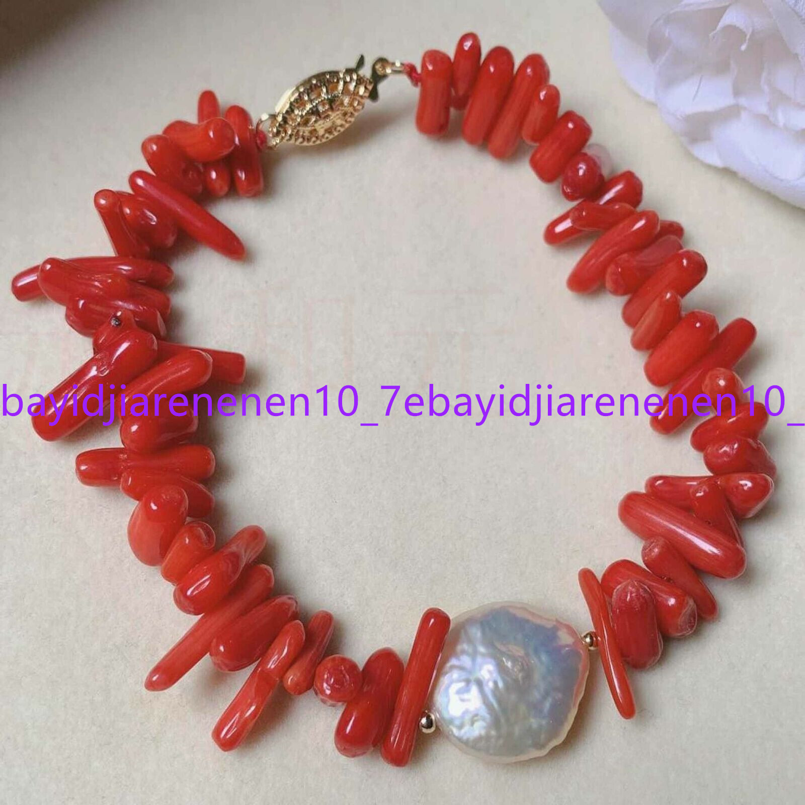 Natural 11-12mm White Coin Pearl & Red Coral Irregular Beads Bracelet 7.5 in