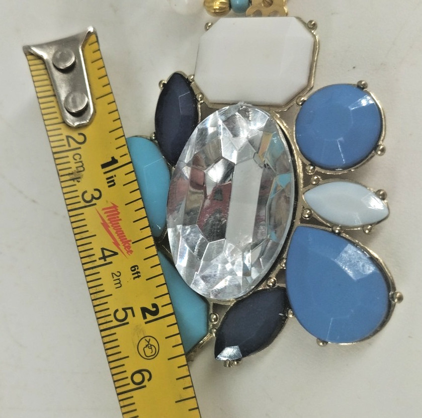 Costume Jewelry Blue Gold & White Beaded Bejeweled Pendent Necklace & Earrings