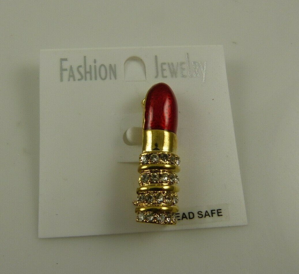 red lipstick pin bling crystals lead safe reds and gold avon mary kay reps