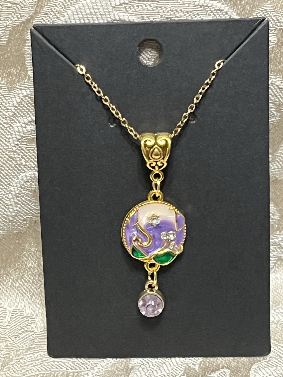 Retro Floral Gem Enamel Pendant Gold 18” Necklace Bohemian Floral Novelty