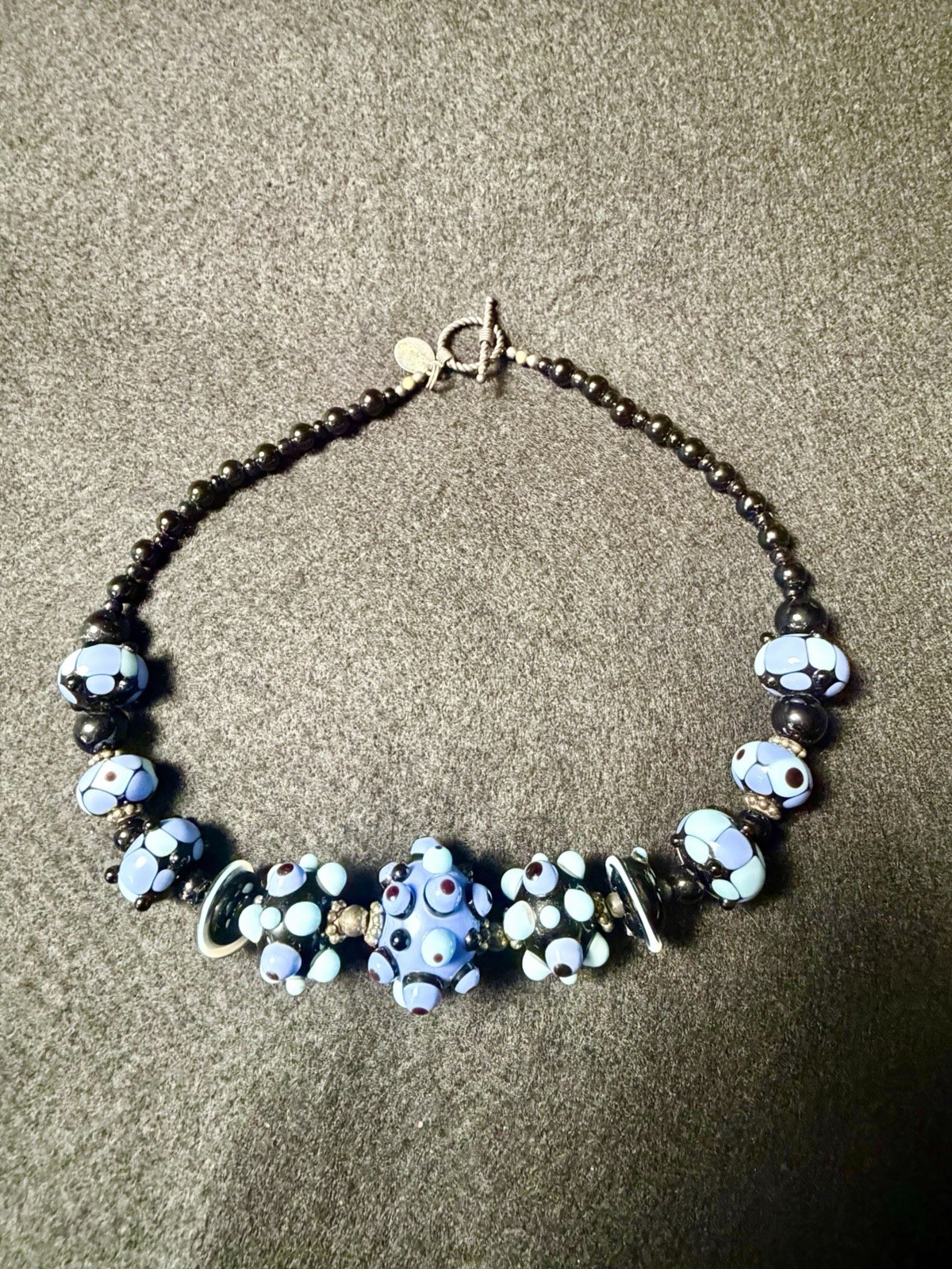 Lampwork Art Glass Bead Necklace Blue Black toggle Clasp Statement Handmade