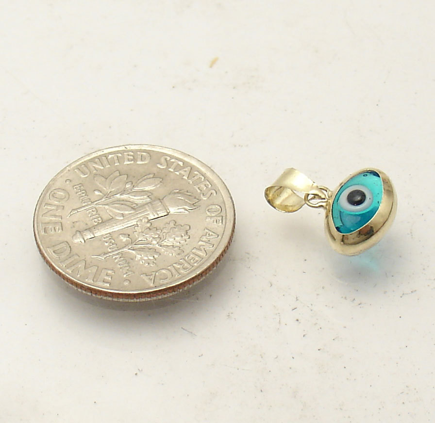 3D Oval Ocean Blue Evil Eye Good Luck Charm Pendant Real 14K Yellow Gold