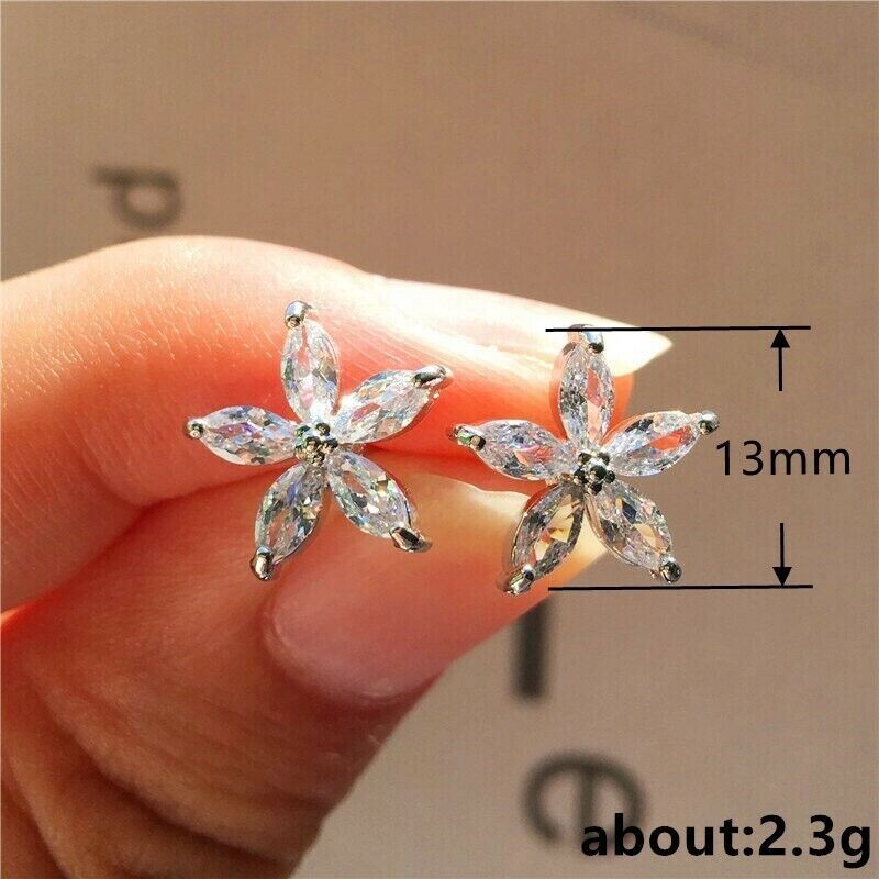 Pretty New Silver Plated Clear White Marquis CZ Flower Stud Earrings