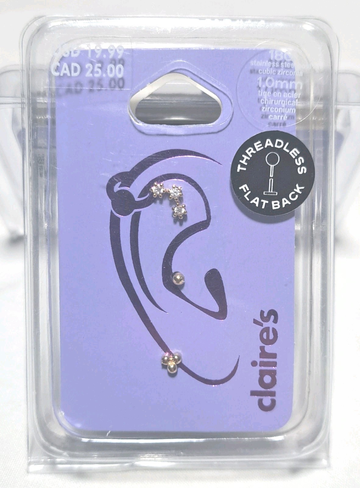 Claires Stud Earrings Set Of 3 18G 1.0mm Stainless Steel Cubic Zarconia NEW