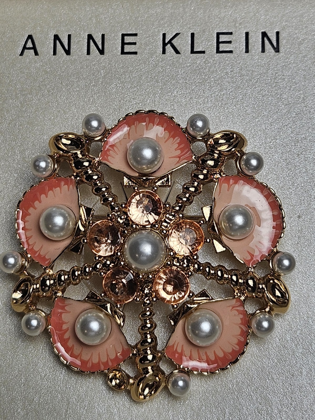 Anne Klein Floral Brooch Pink Enamel Rhinestone Faux Pearl Gold Tone NIB