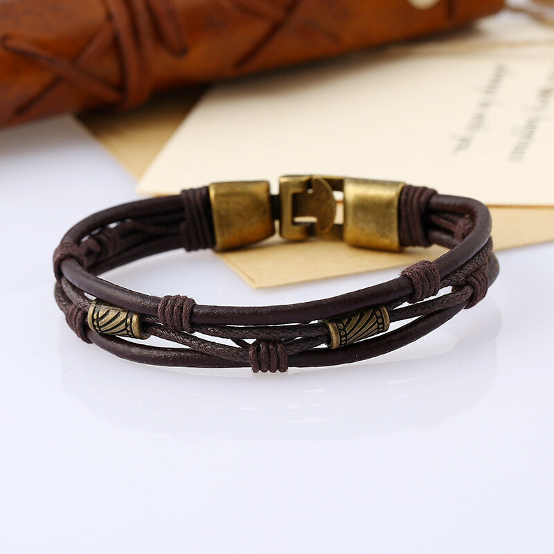 1Pc Retro Alloy Wax Thread Cowhide Bracelet Charm Handmade Brown Weave Bracelets