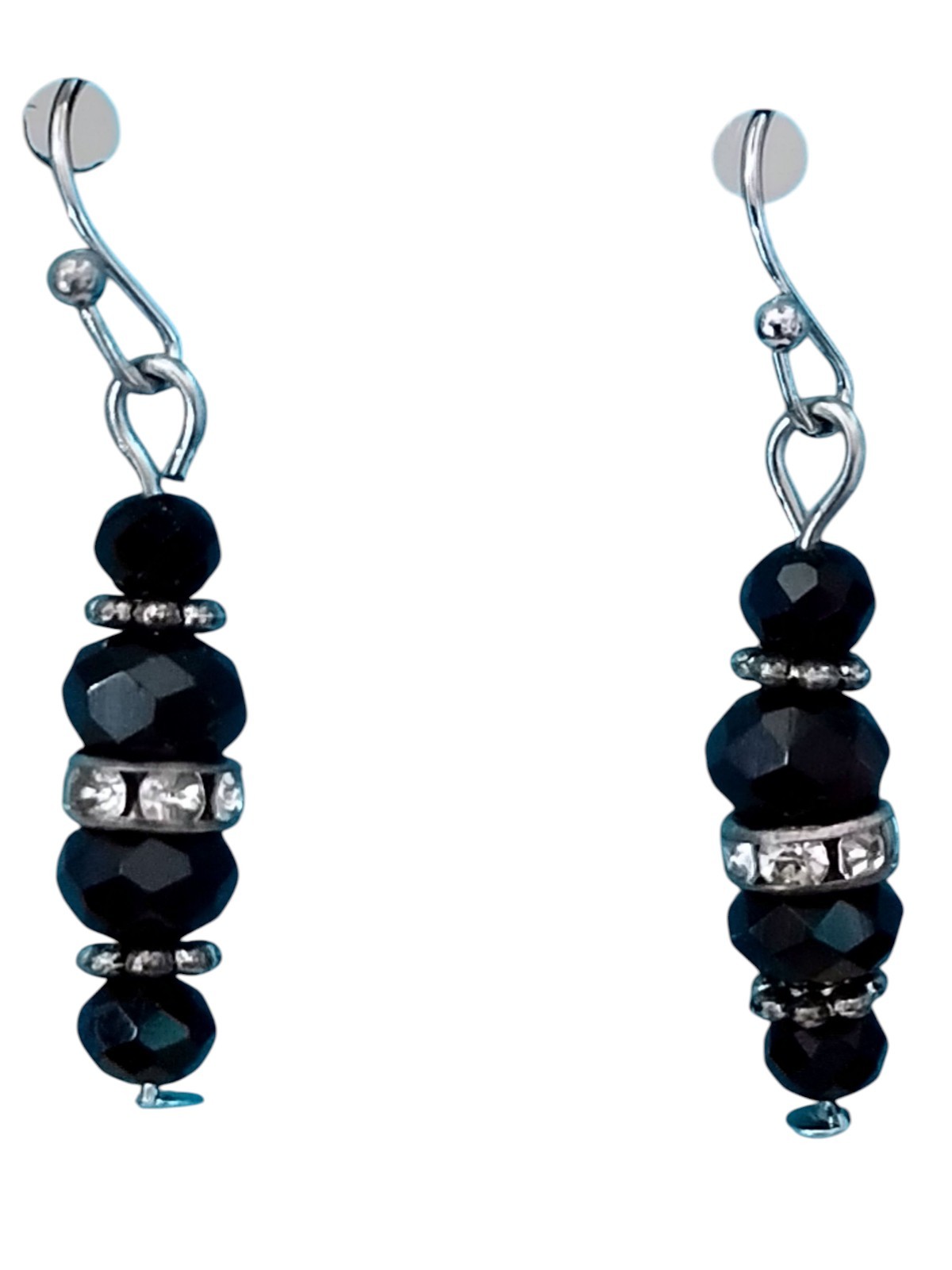 Handcrafted SILVERTONE BLACK BEADS Dangle Earrings HYPOALLERGENIC LOOPS STOPPERS