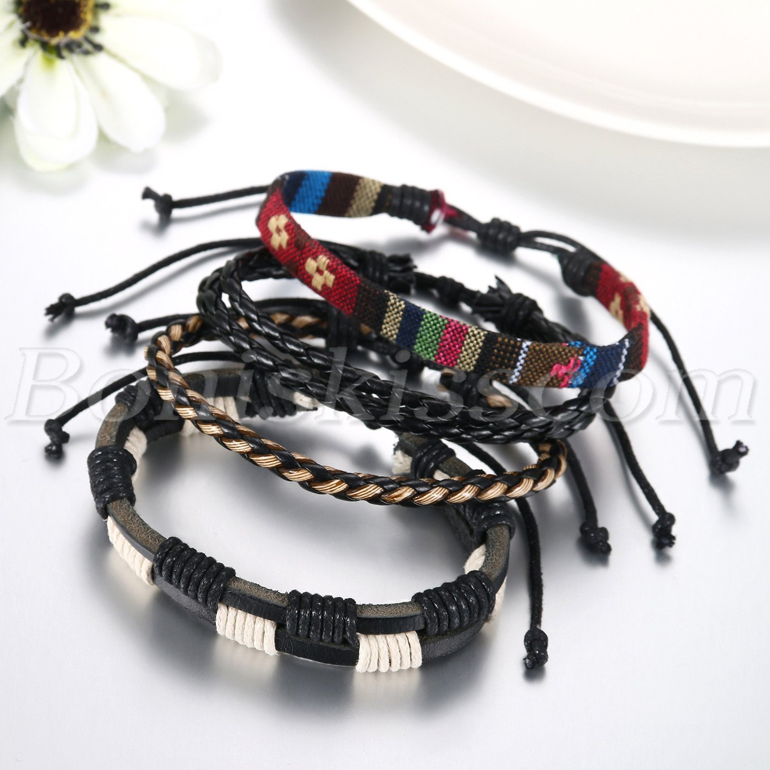 4pcs Fashion Handmade Retro Multilayer Leather Bracelet Cuff Wrap Set Adjustable