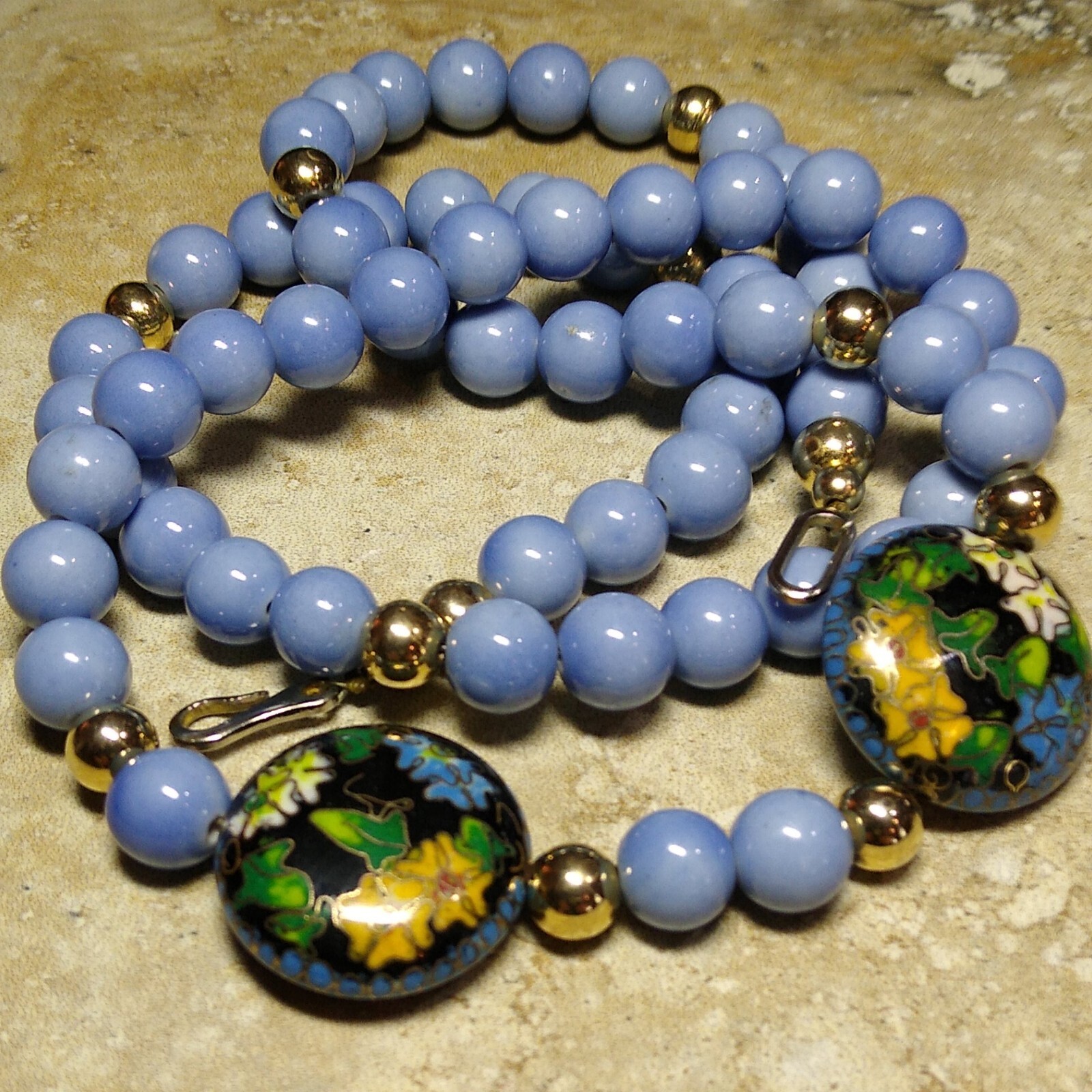 CERAMIC Bead Chinese CLOISONNE Lily Flower Ivy 20″ Necklace Periwinkle Tone EUC!