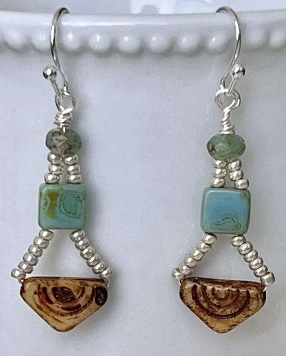 Silver, Blue Green and Brown Picasso Czech Beaded Earrings. Boho Chic