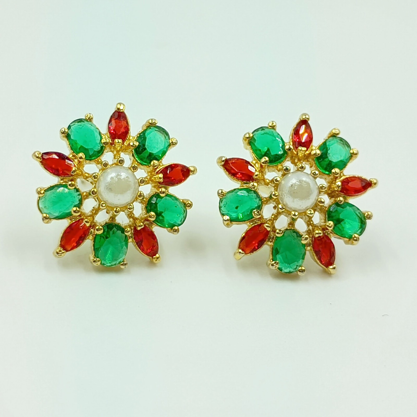 Elegant Ruby Emerald Pearl Stud Earrings 22k Gold Plated Indian Ethnic Jewelry
