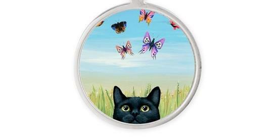 BLACK CAT BUTTERFLY Pendant Charm Sterling Silver 20″ necklace women female girl