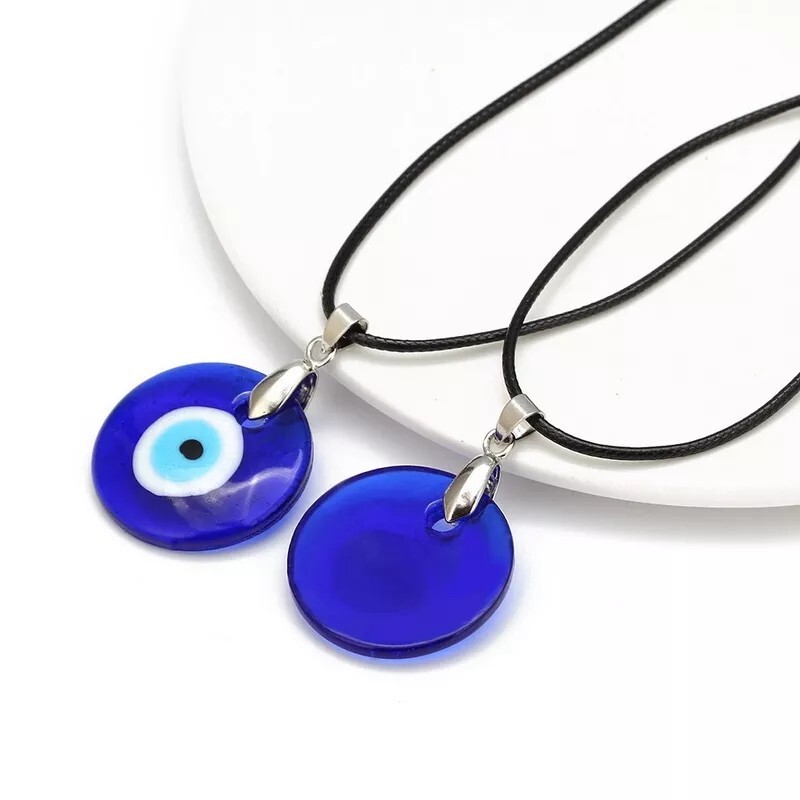 New Rope Evil Eye Charms Necklaces Unisex Blue Resin Round Pendants Evil Eye 17″