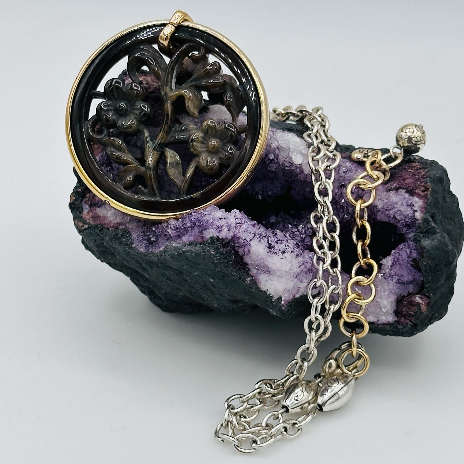 Brighton Floral Openwork Resin Pendant Necklace Gold Plated Beaded Chain