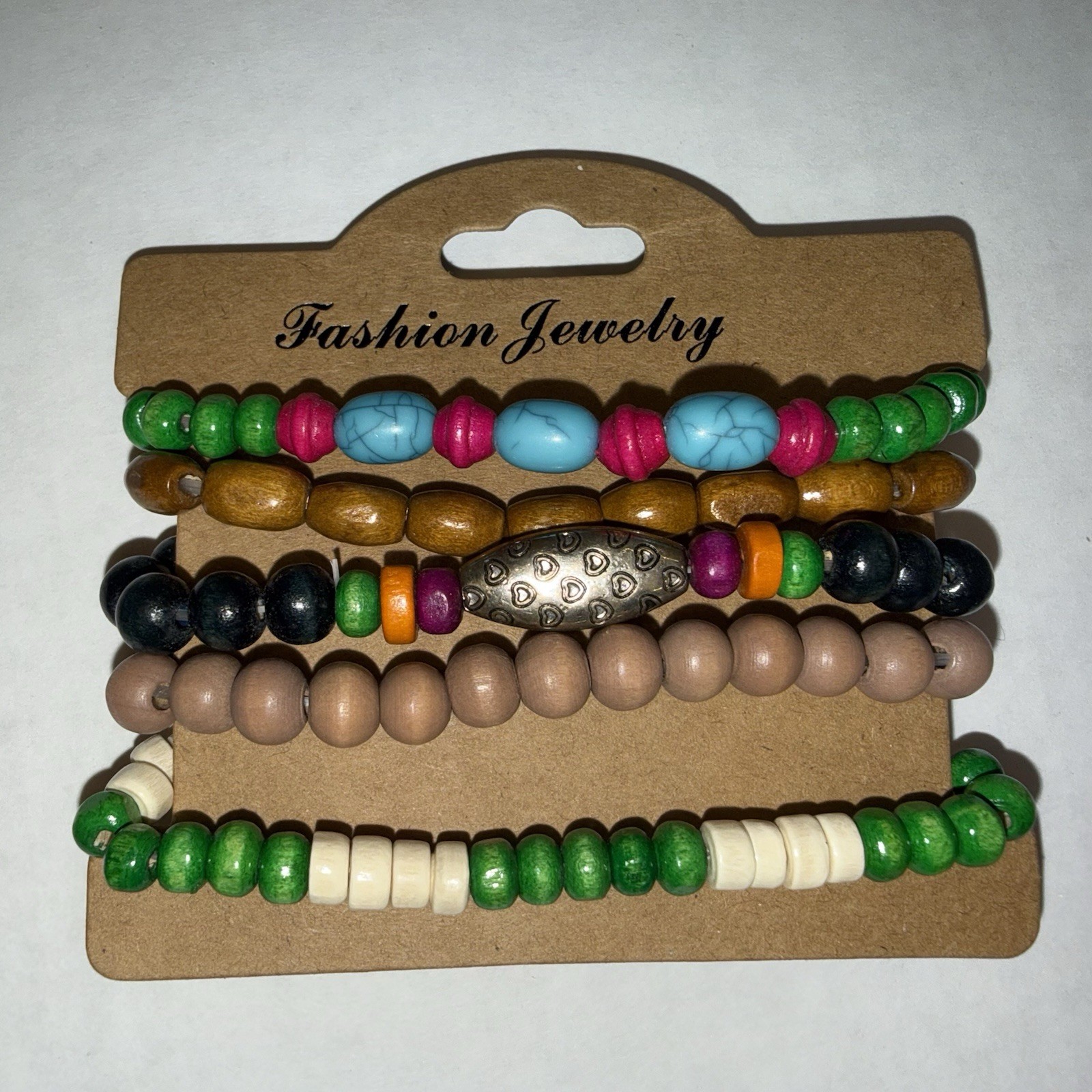 22 Multicolor Beaded Stackable Stretch Slip-On Bracelet Set Wood Metal Cord