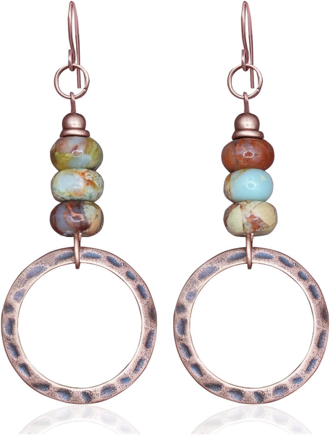 Unique Dangle Bohemian Earrings: Hammered Copper with Earthy Gemstone Accents